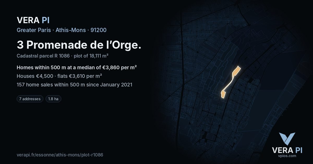 3 Promenade de l’Orge, Athis-Mons at night – the plot lit, the parcels around coloured by the prices near them