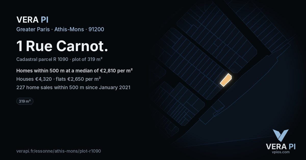 1 Rue Carnot, Athis-Mons at night – the plot lit, the parcels around coloured by the prices near them
