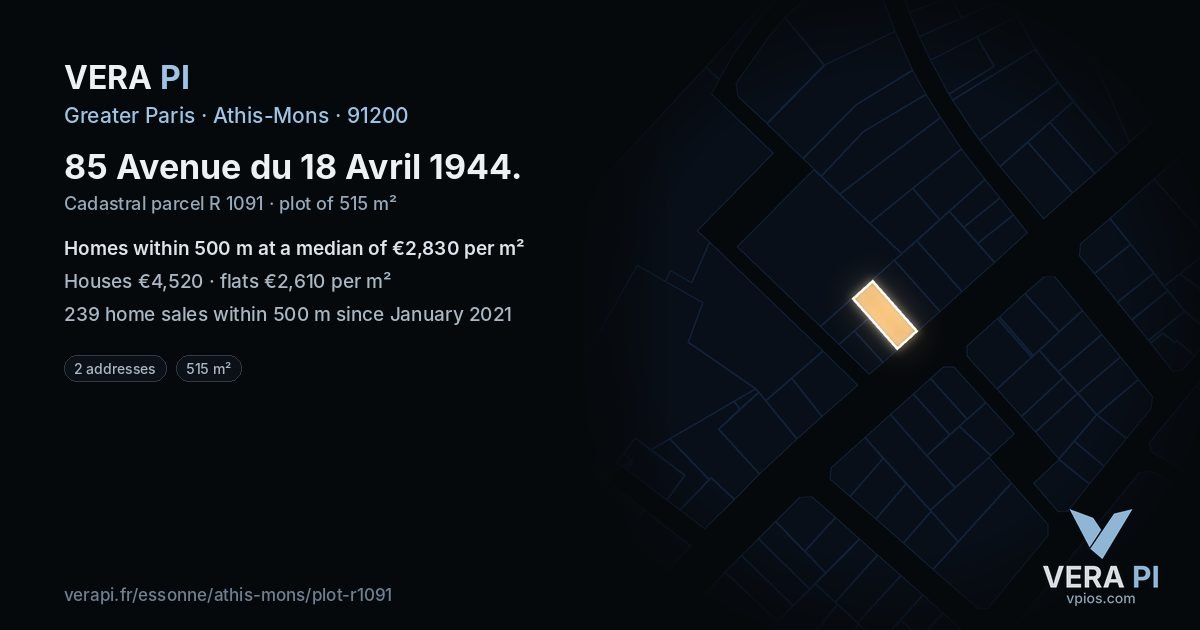85 Avenue du 18 Avril 1944, Athis-Mons at night – the plot lit, the parcels around coloured by the prices near them