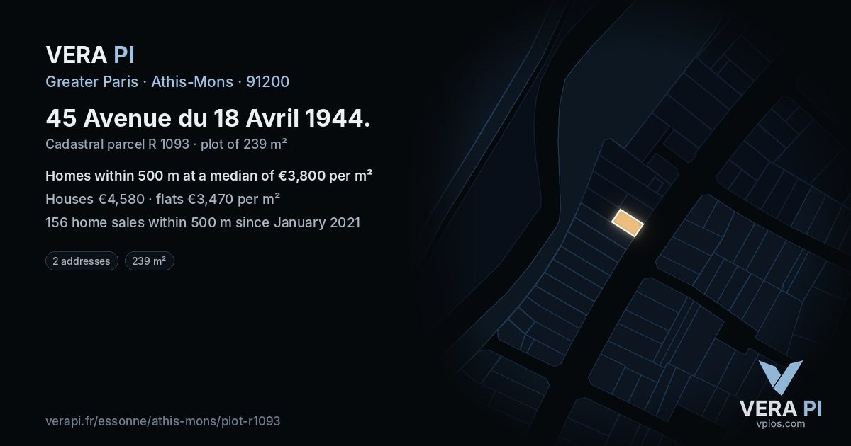 45 Avenue du 18 Avril 1944, Athis-Mons at night – the plot lit, the parcels around coloured by the prices near them