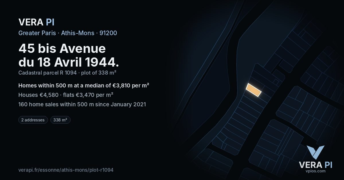 45 bis Avenue du 18 Avril 1944, Athis-Mons at night – the plot lit, the parcels around coloured by the prices near them