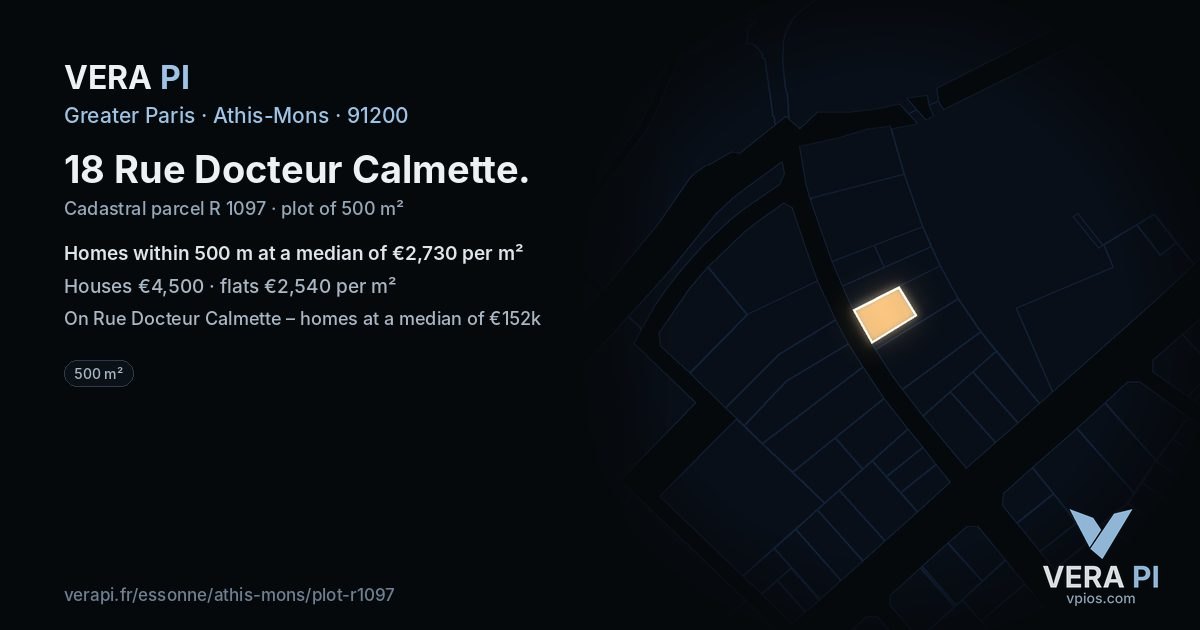 18 Rue Docteur Calmette, Athis-Mons at night – the plot lit, the parcels around coloured by the prices near them
