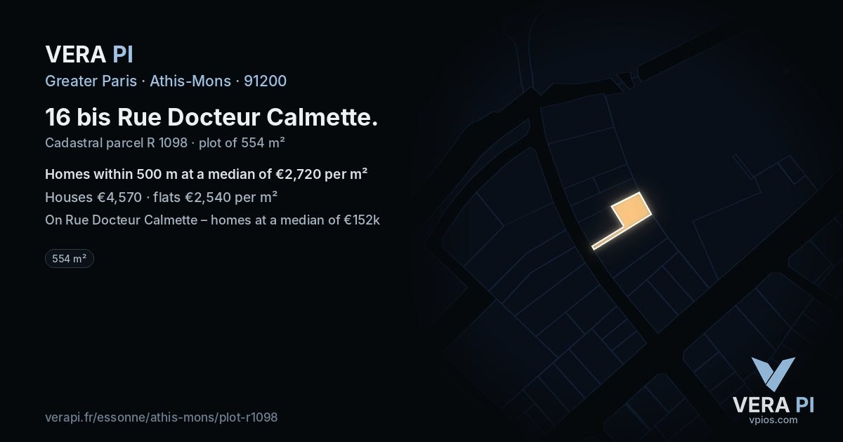 16 bis Rue Docteur Calmette, Athis-Mons at night – the plot lit, the parcels around coloured by the prices near them
