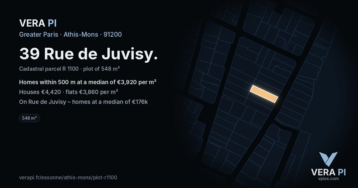 39 Rue de Juvisy, Athis-Mons at night – the plot lit, the parcels around coloured by the prices near them