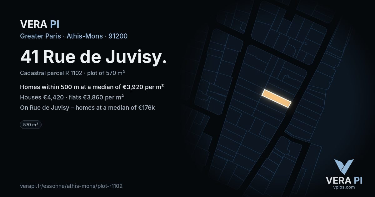41 Rue de Juvisy, Athis-Mons at night – the plot lit, the parcels around coloured by the prices near them