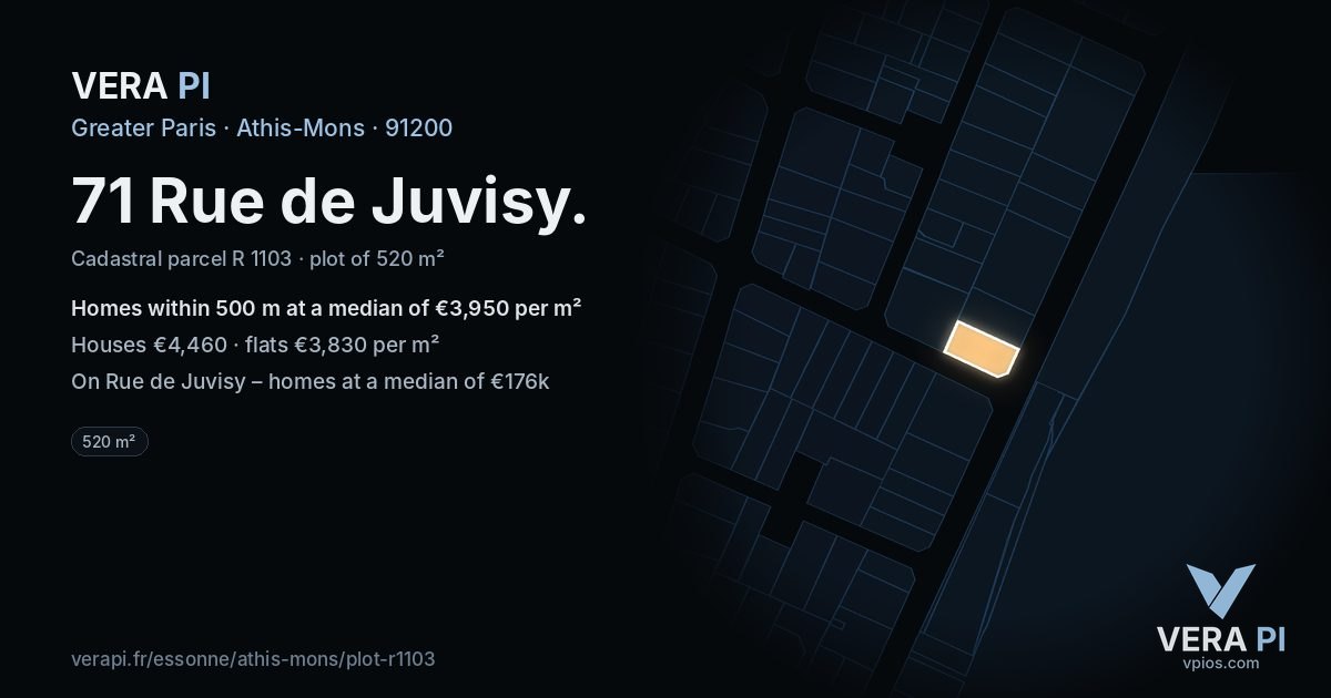 71 Rue de Juvisy, Athis-Mons at night – the plot lit, the parcels around coloured by the prices near them