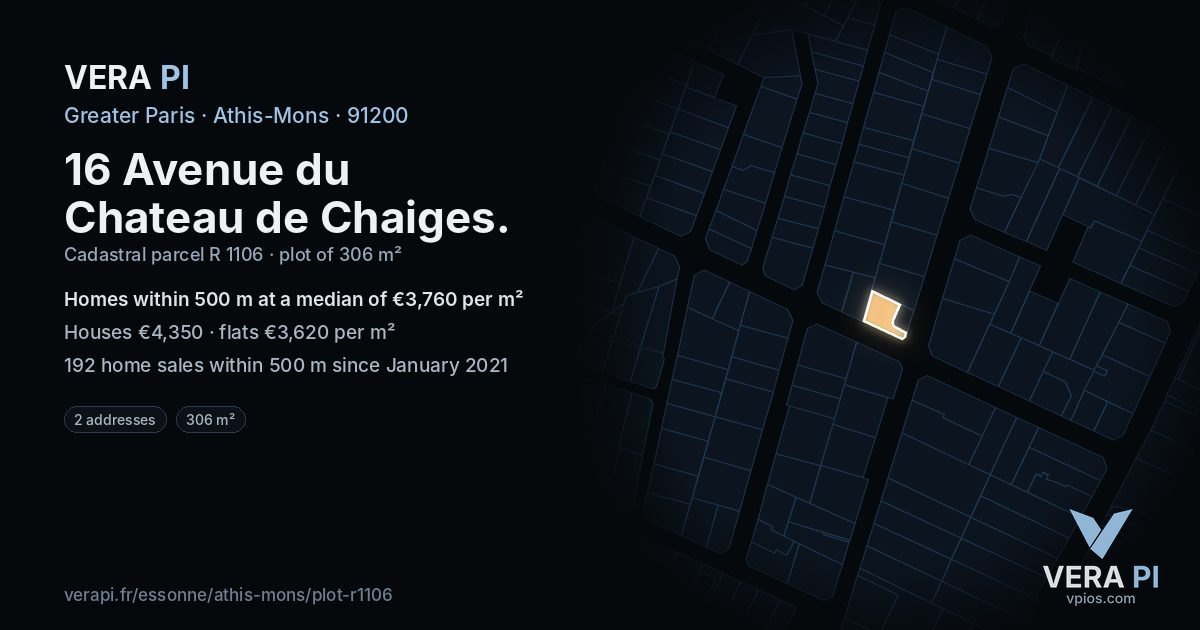 16 Avenue du Chateau de Chaiges, Athis-Mons at night – the plot lit, the parcels around coloured by the prices near them