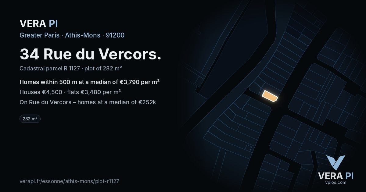 34 Rue du Vercors, Athis-Mons at night – the plot lit, the parcels around coloured by the prices near them