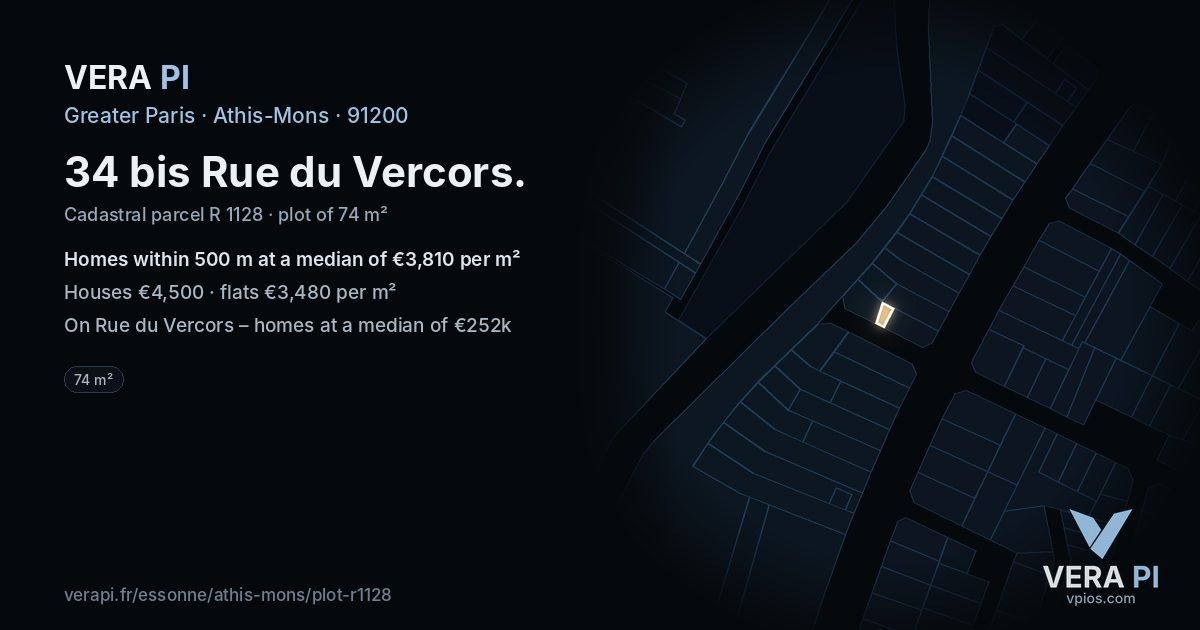 34 bis Rue du Vercors, Athis-Mons at night – the plot lit, the parcels around coloured by the prices near them