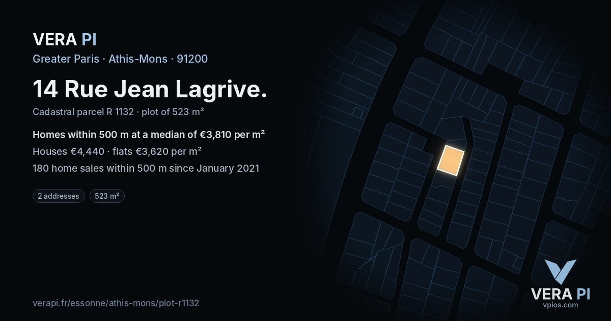 14 Rue Jean Lagrive, Athis-Mons at night – the plot lit, the parcels around coloured by the prices near them
