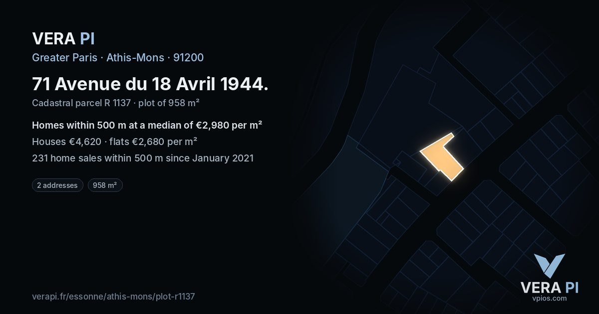 71 Avenue du 18 Avril 1944, Athis-Mons at night – the plot lit, the parcels around coloured by the prices near them
