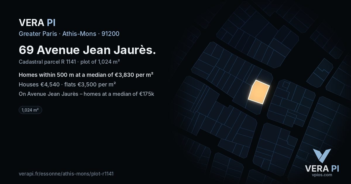 69 Avenue Jean Jaurès, Athis-Mons at night – the plot lit, the parcels around coloured by the prices near them
