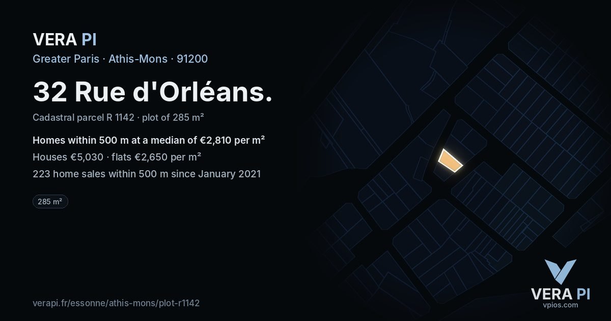32 Rue d'Orléans, Athis-Mons at night – the plot lit, the parcels around coloured by the prices near them