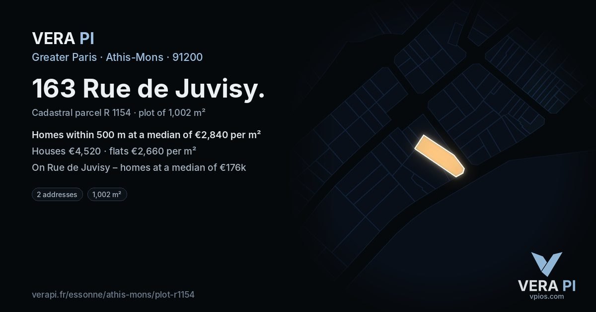 163 Rue de Juvisy, Athis-Mons at night – the plot lit, the parcels around coloured by the prices near them