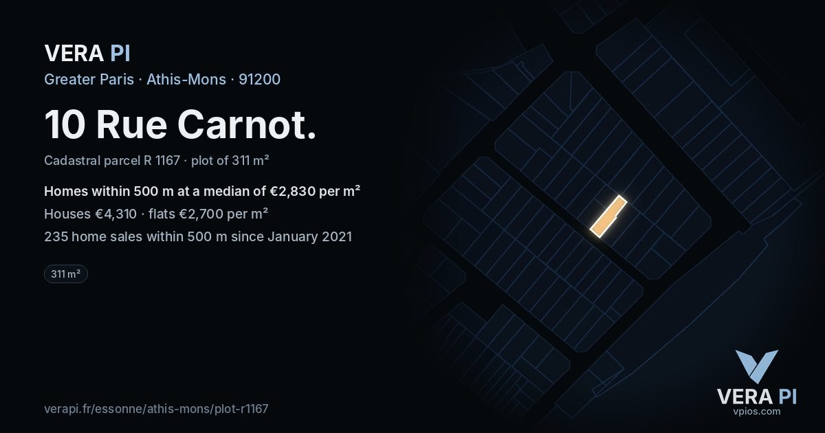 10 Rue Carnot, Athis-Mons at night – the plot lit, the parcels around coloured by the prices near them