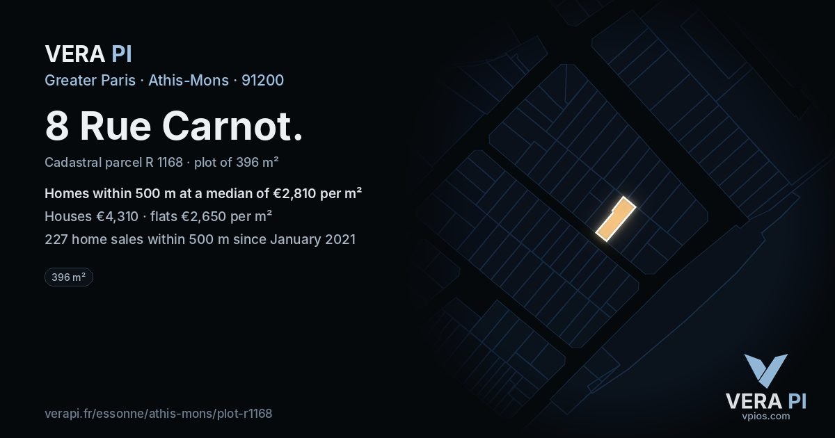 8 Rue Carnot, Athis-Mons at night – the plot lit, the parcels around coloured by the prices near them