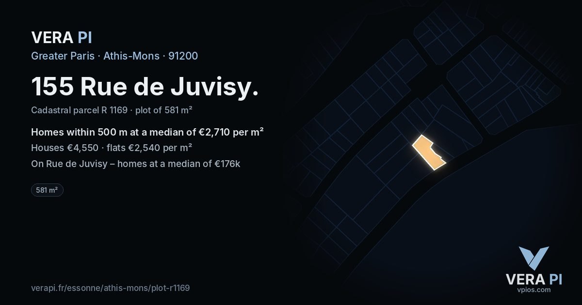 155 Rue de Juvisy, Athis-Mons at night – the plot lit, the parcels around coloured by the prices near them