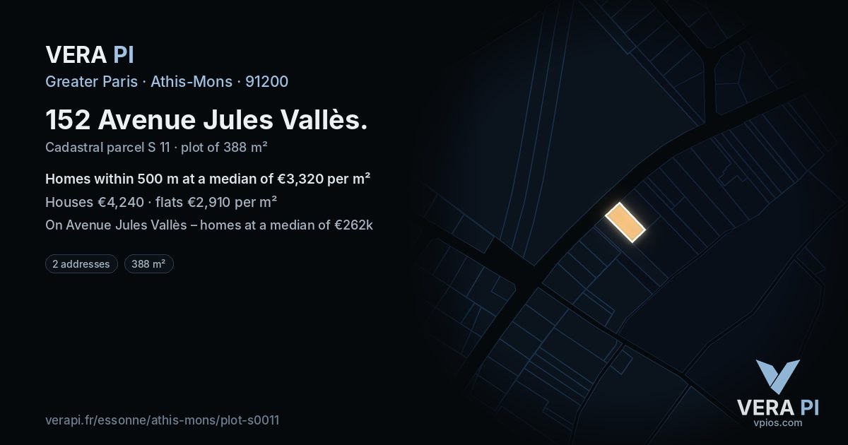 152 Avenue Jules Vallès, Athis-Mons at night – the plot lit, the parcels around coloured by the prices near them