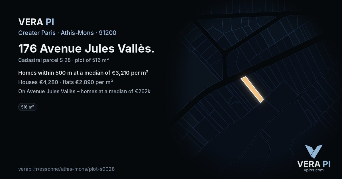 176 Avenue Jules Vallès, Athis-Mons at night – the plot lit, the parcels around coloured by the prices near them