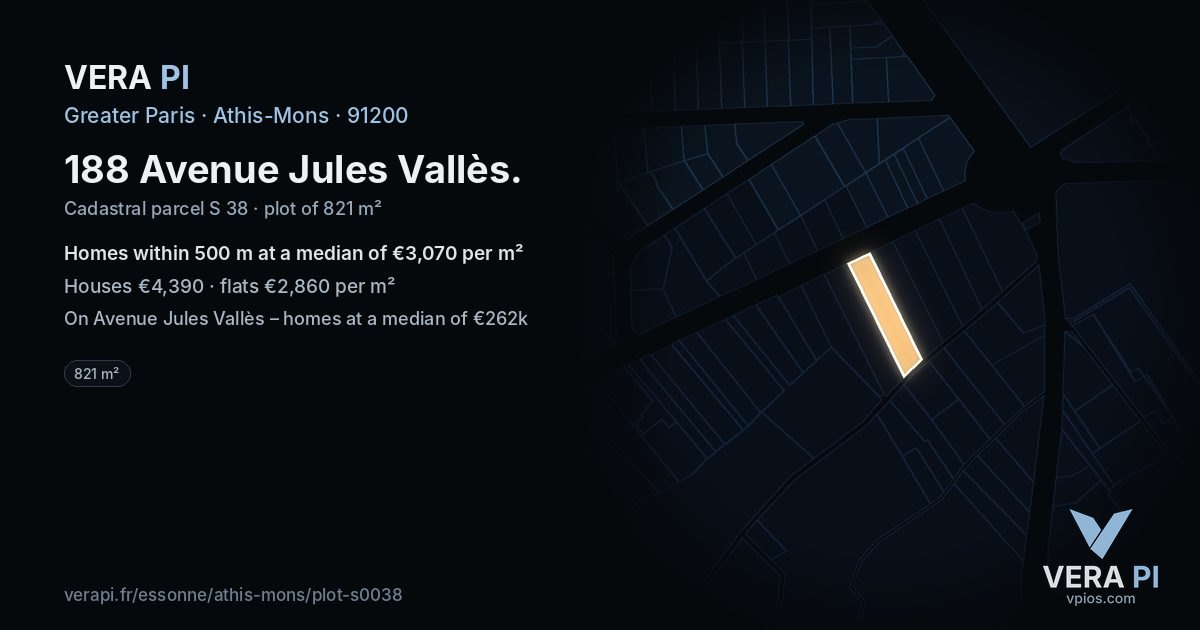 188 Avenue Jules Vallès, Athis-Mons at night – the plot lit, the parcels around coloured by the prices near them