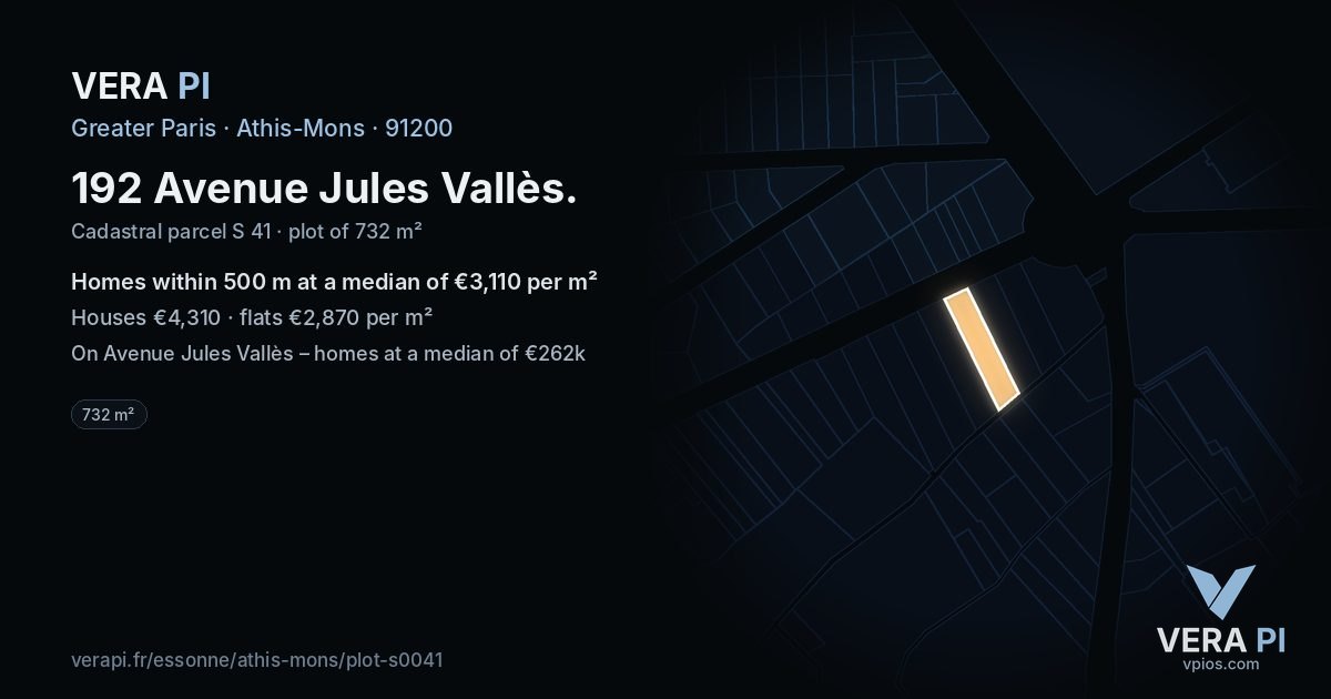 192 Avenue Jules Vallès, Athis-Mons at night – the plot lit, the parcels around coloured by the prices near them