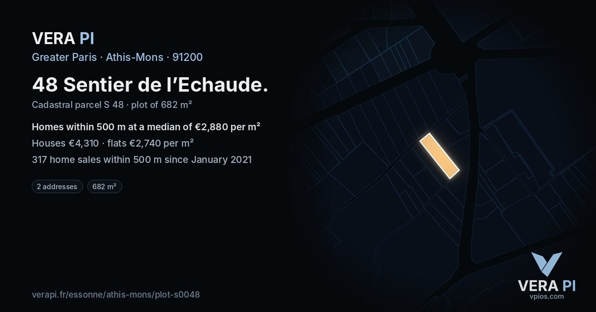 48 Sentier de l’Echaude, Athis-Mons at night – the plot lit, the parcels around coloured by the prices near them