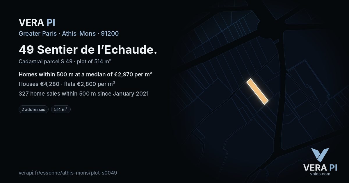 49 Sentier de l’Echaude, Athis-Mons at night – the plot lit, the parcels around coloured by the prices near them