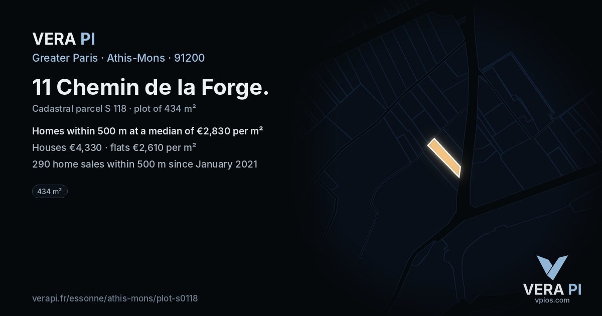 11 Chemin de la Forge, Athis-Mons at night – the plot lit, the parcels around coloured by the prices near them