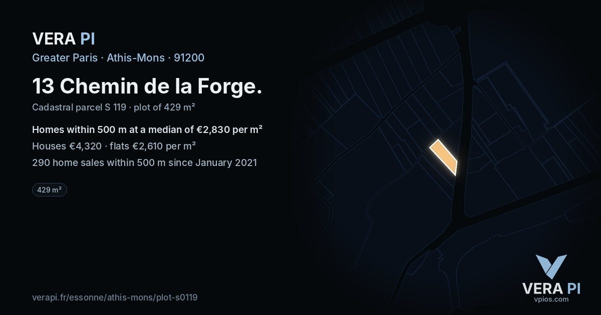 13 Chemin de la Forge, Athis-Mons at night – the plot lit, the parcels around coloured by the prices near them