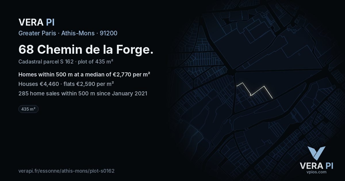 68 Chemin de la Forge, Athis-Mons at night – the plot lit, the parcels around coloured by the prices near them
