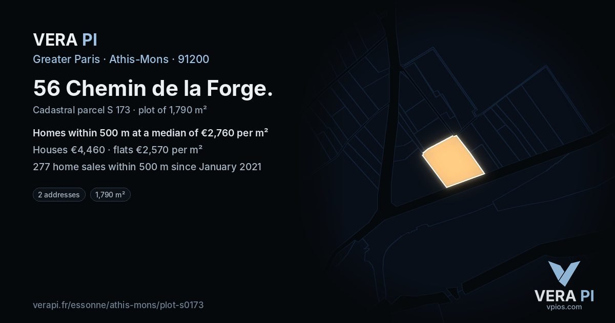 56 Chemin de la Forge, Athis-Mons at night – the plot lit, the parcels around coloured by the prices near them