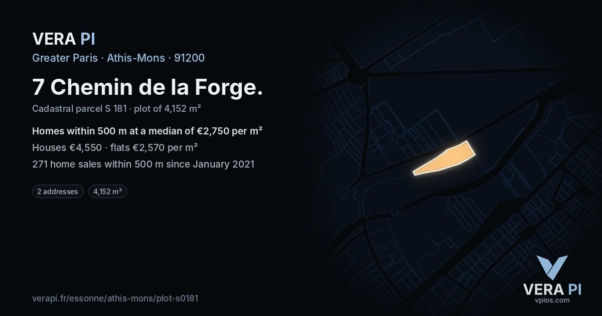 7 Chemin de la Forge, Athis-Mons at night – the plot lit, the parcels around coloured by the prices near them