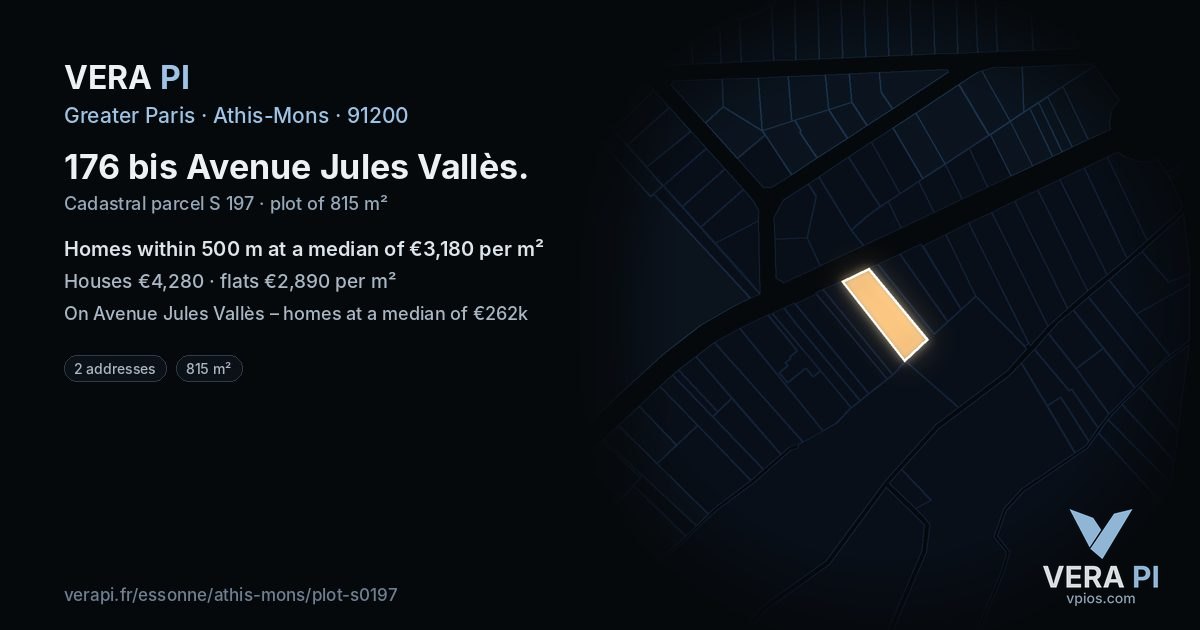 176 bis Avenue Jules Vallès, Athis-Mons at night – the plot lit, the parcels around coloured by the prices near them