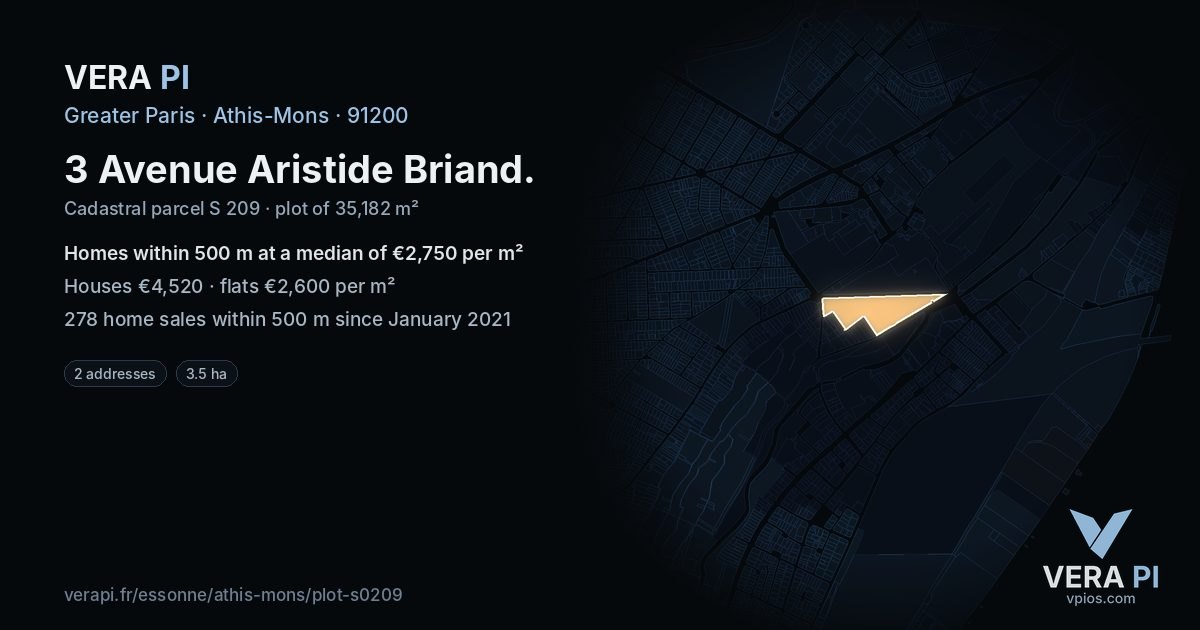 3 Avenue Aristide Briand, Athis-Mons at night – the plot lit, the parcels around coloured by the prices near them