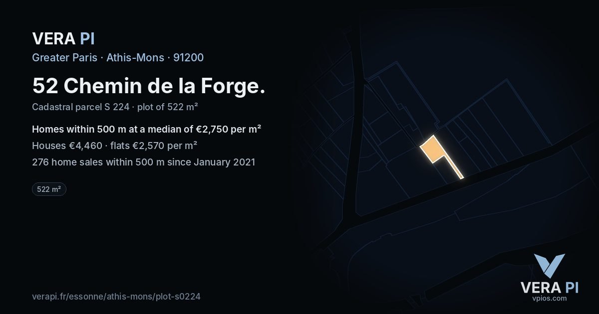 52 Chemin de la Forge, Athis-Mons at night – the plot lit, the parcels around coloured by the prices near them