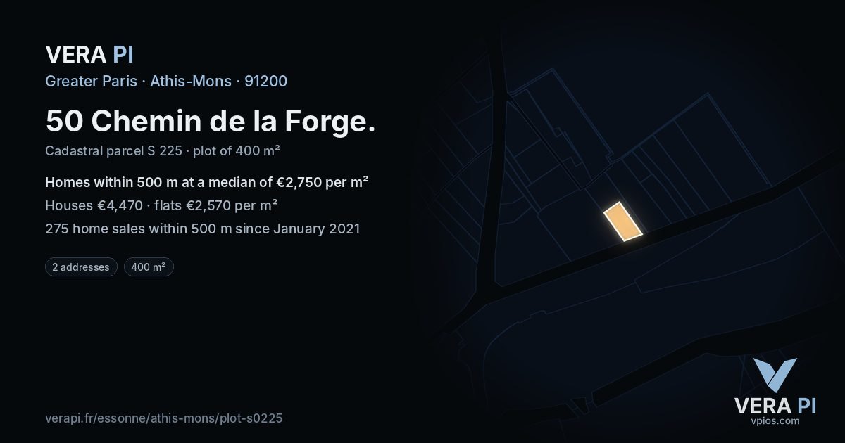 50 Chemin de la Forge, Athis-Mons at night – the plot lit, the parcels around coloured by the prices near them