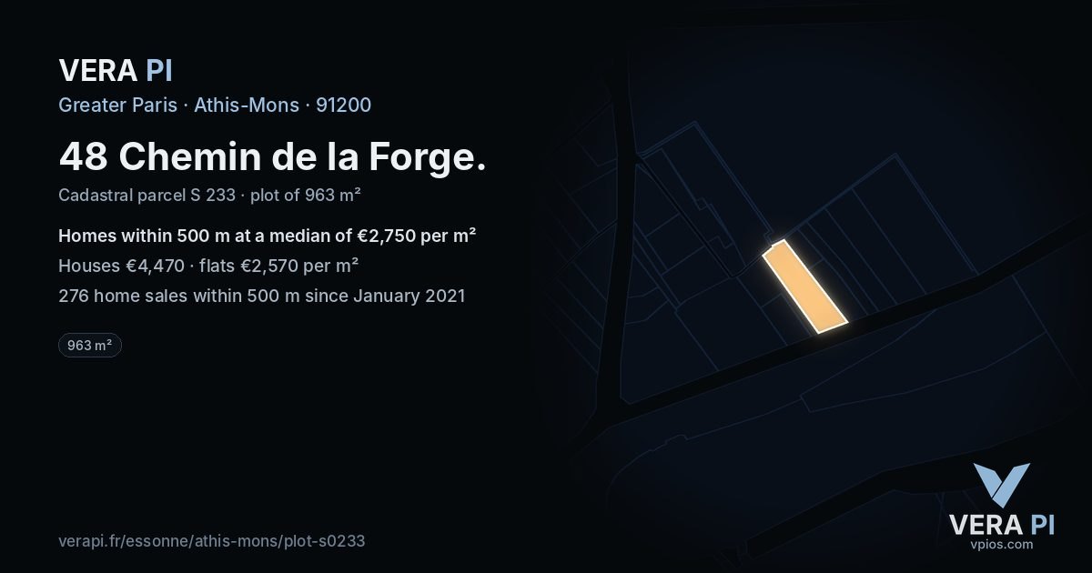 48 Chemin de la Forge, Athis-Mons at night – the plot lit, the parcels around coloured by the prices near them