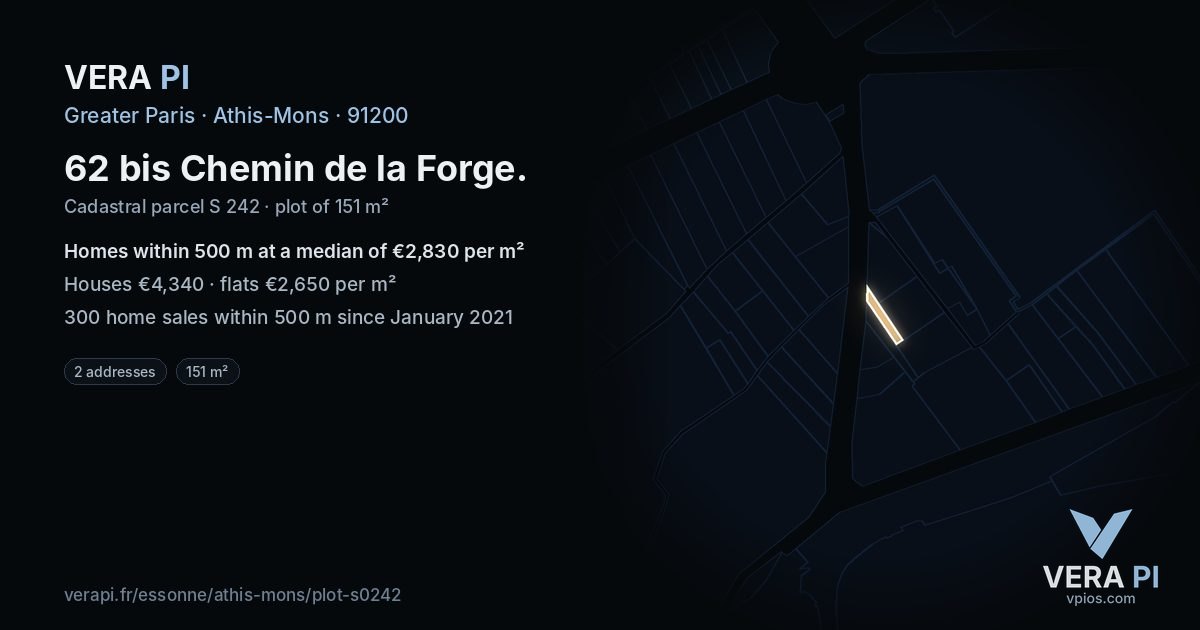 62 bis Chemin de la Forge, Athis-Mons at night – the plot lit, the parcels around coloured by the prices near them