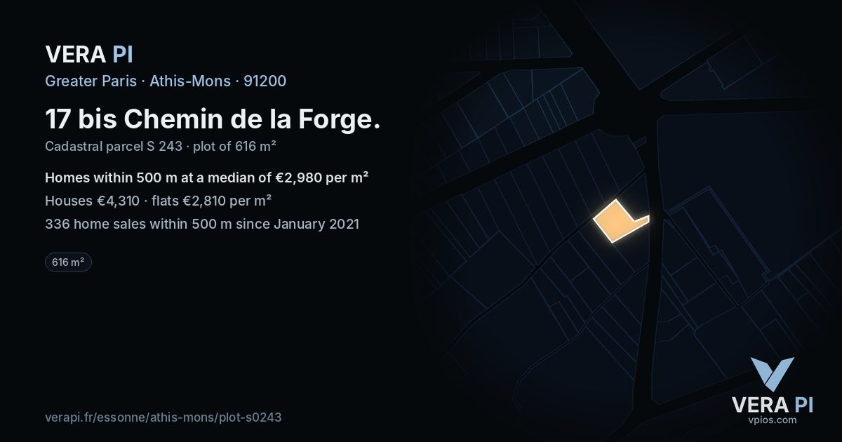 17 bis Chemin de la Forge, Athis-Mons at night – the plot lit, the parcels around coloured by the prices near them