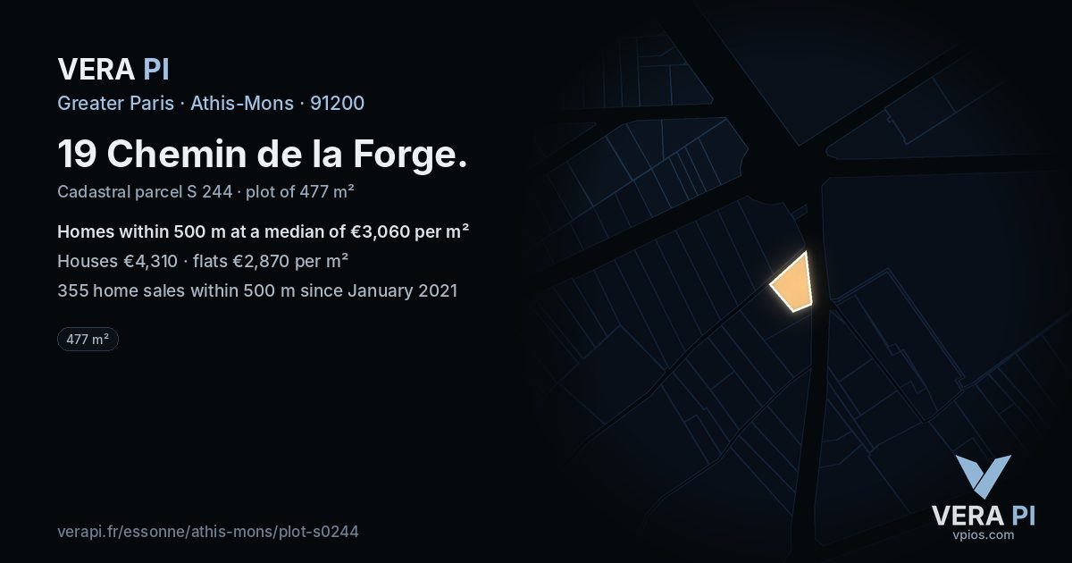 19 Chemin de la Forge, Athis-Mons at night – the plot lit, the parcels around coloured by the prices near them