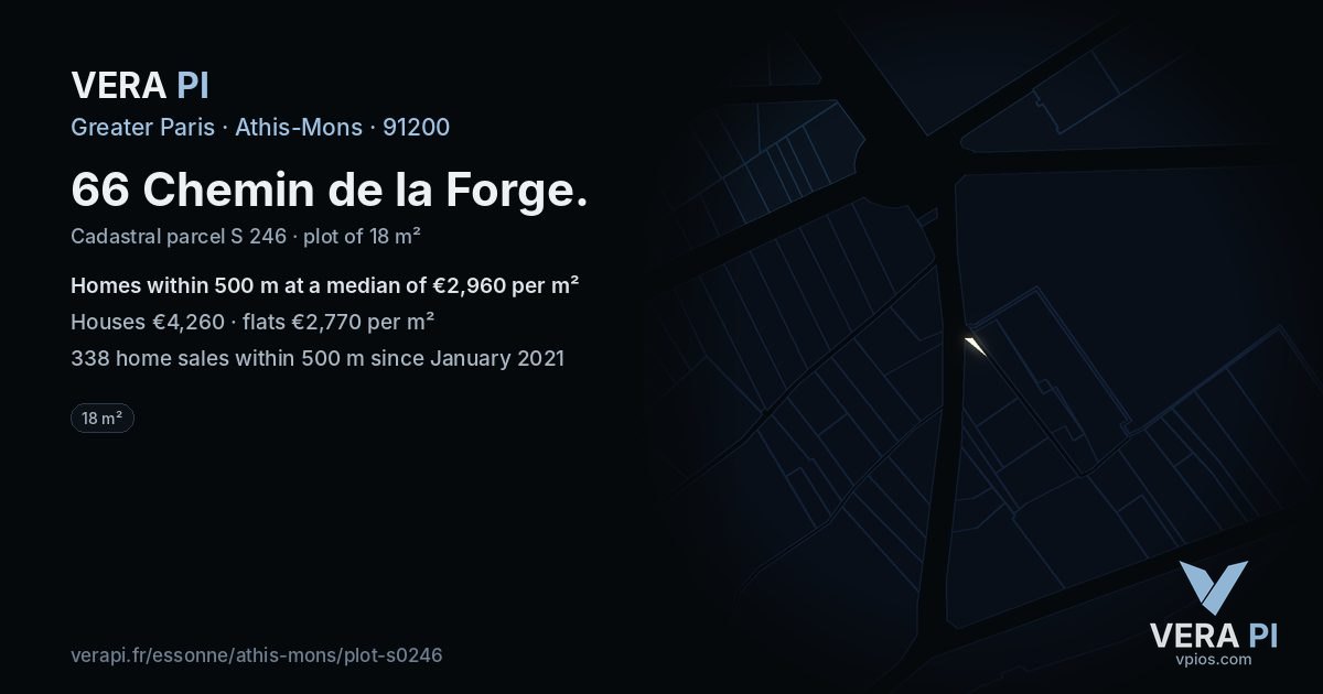66 Chemin de la Forge, Athis-Mons at night – the plot lit, the parcels around coloured by the prices near them