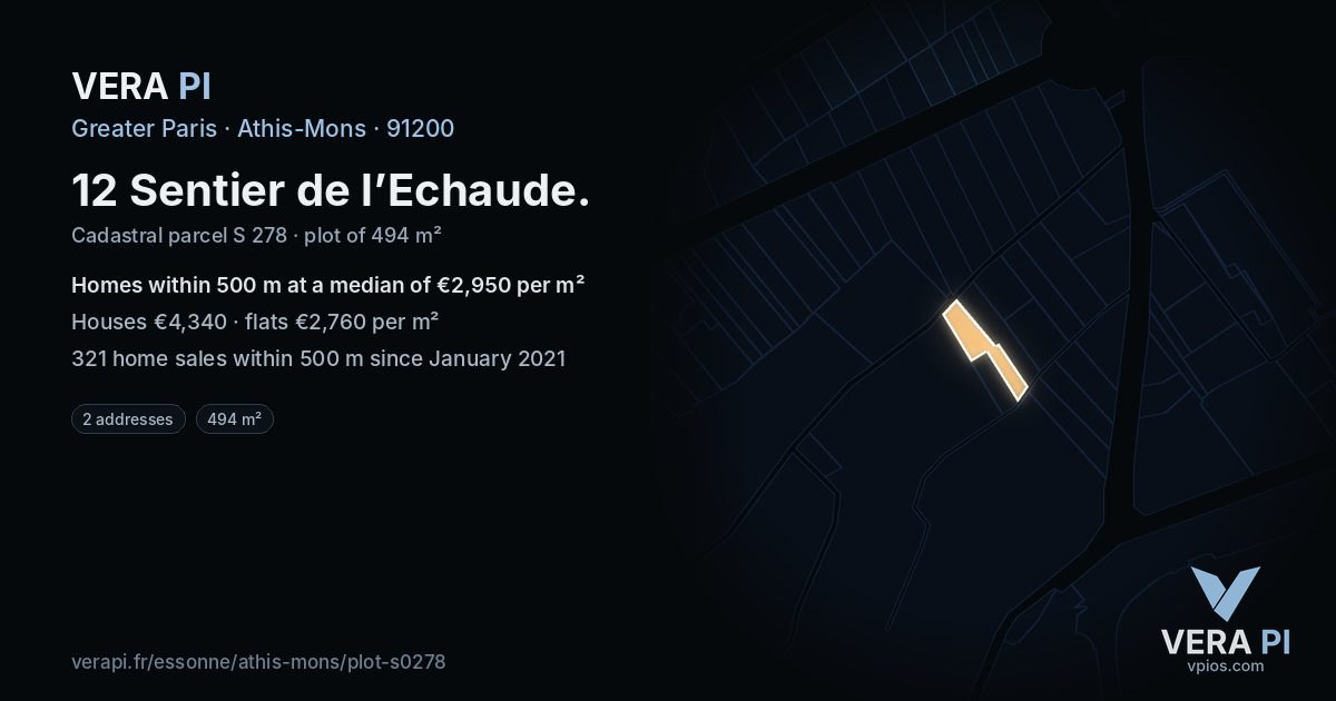 12 Sentier de l’Echaude, Athis-Mons at night – the plot lit, the parcels around coloured by the prices near them