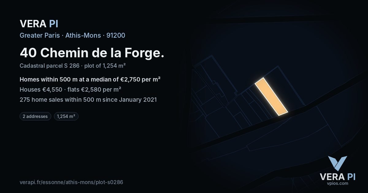 40 Chemin de la Forge, Athis-Mons at night – the plot lit, the parcels around coloured by the prices near them