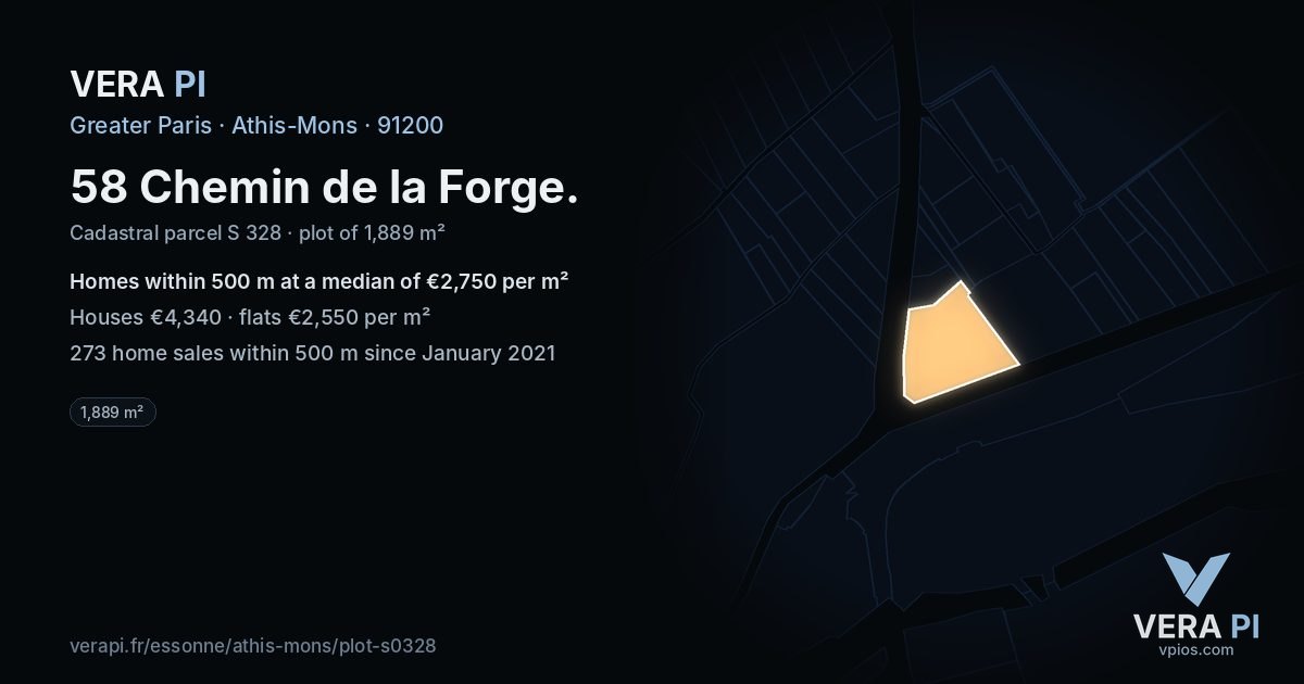 58 Chemin de la Forge, Athis-Mons at night – the plot lit, the parcels around coloured by the prices near them