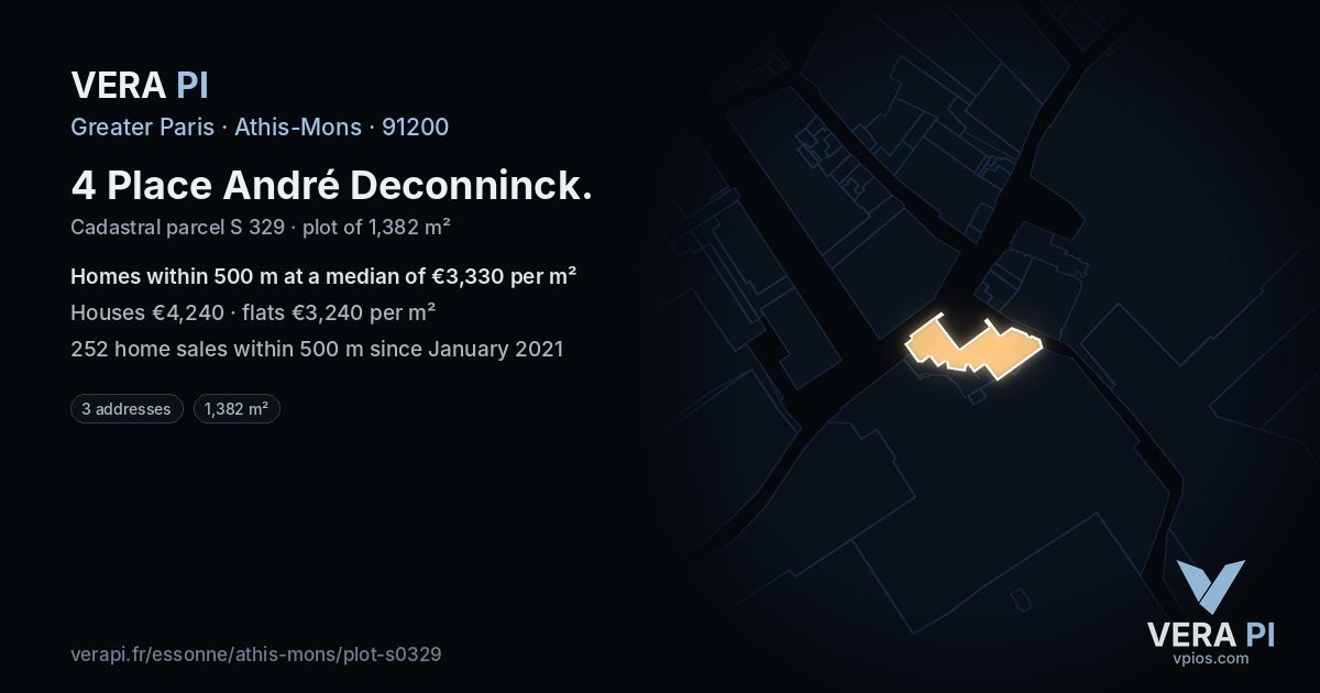 4 Place André Deconninck, Athis-Mons at night – the plot lit, the parcels around coloured by the prices near them