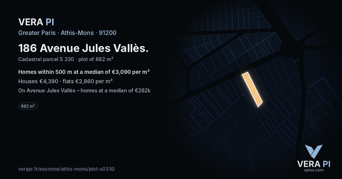 186 Avenue Jules Vallès, Athis-Mons at night – the plot lit, the parcels around coloured by the prices near them