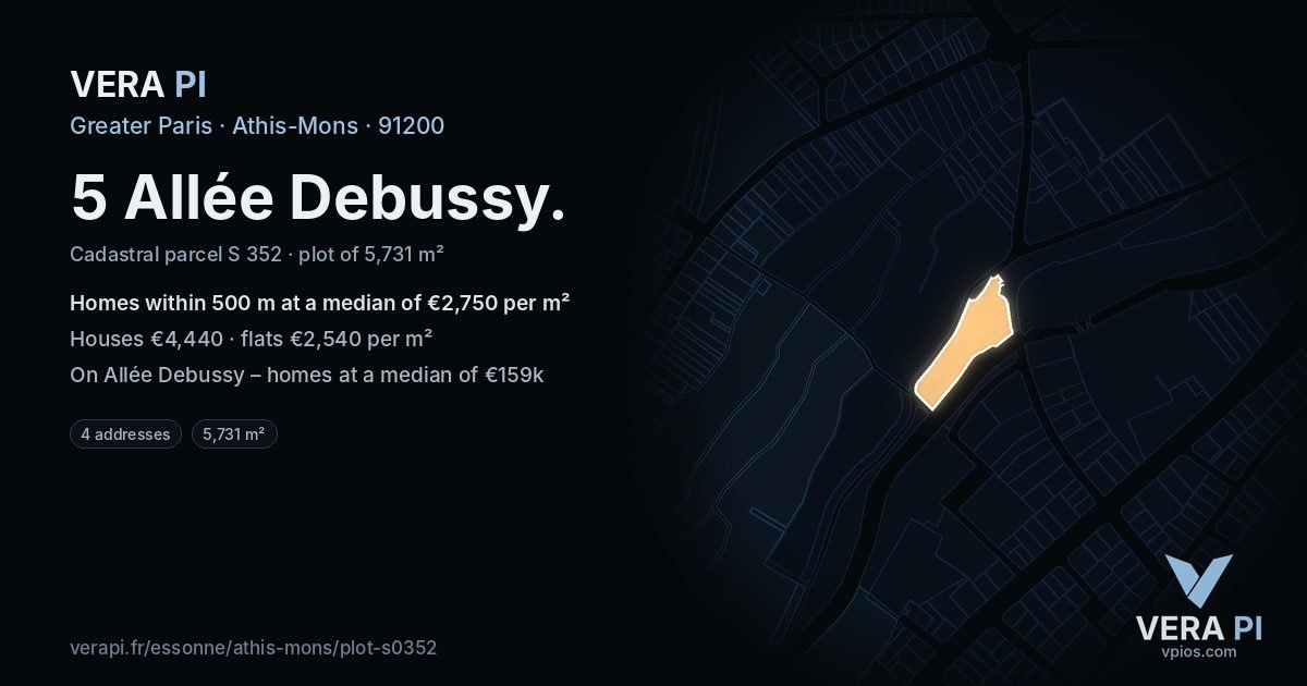 5 Allée Debussy, Athis-Mons at night – the plot lit, the parcels around coloured by the prices near them