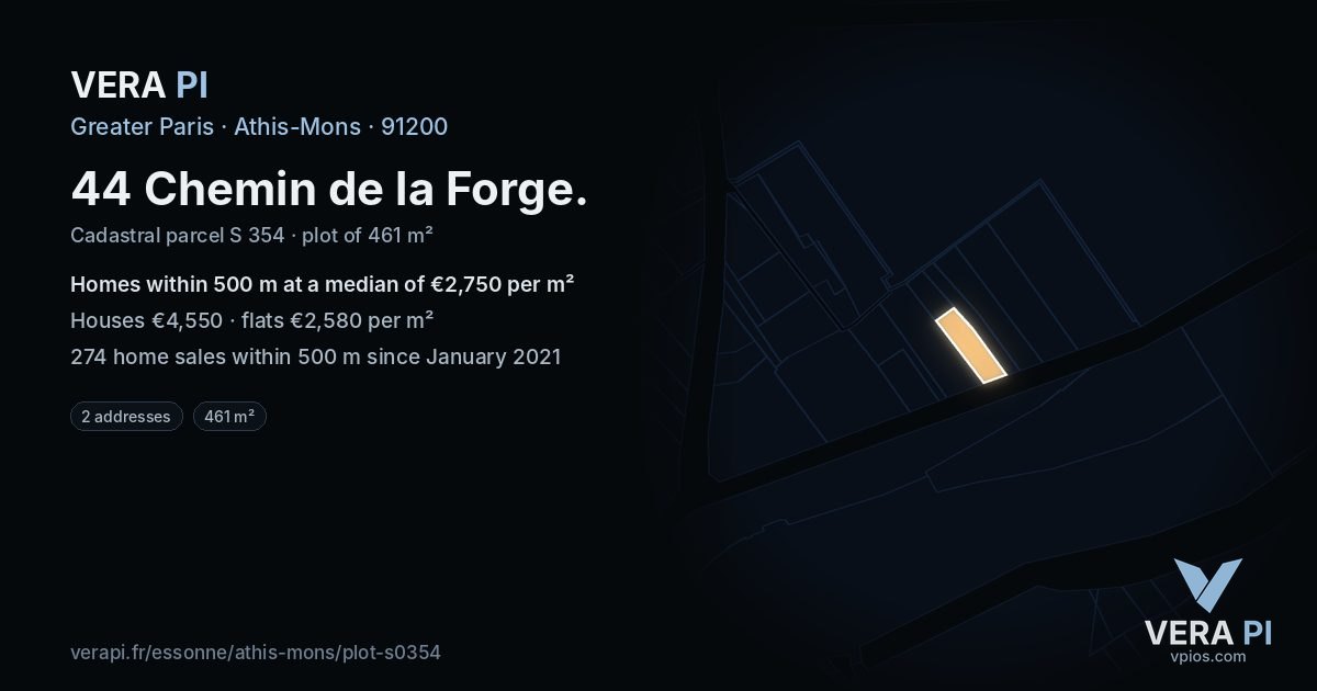 44 Chemin de la Forge, Athis-Mons at night – the plot lit, the parcels around coloured by the prices near them