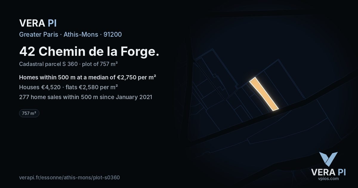 42 Chemin de la Forge, Athis-Mons at night – the plot lit, the parcels around coloured by the prices near them