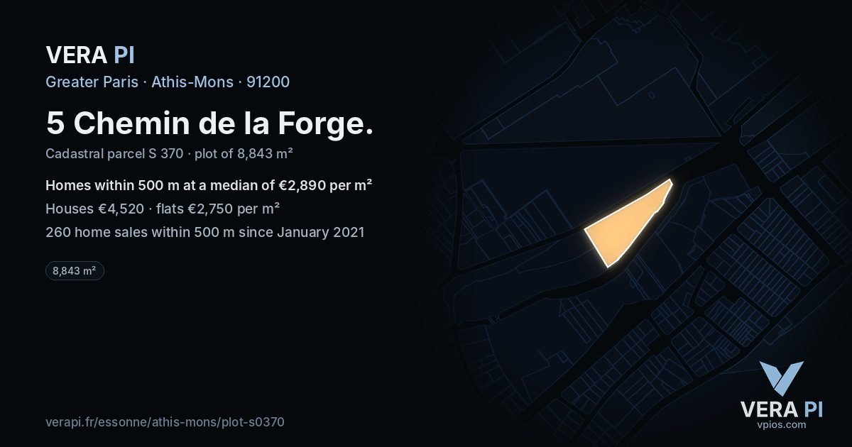 5 Chemin de la Forge, Athis-Mons at night – the plot lit, the parcels around coloured by the prices near them